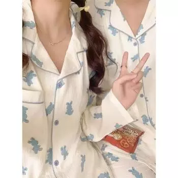 Парные повседневные пижамные комплекты с рисунком из мультфильмов, женские пижамы с длинным рукавом для отдыха, мужские пижамы с круглым вырезом и принтом медведя S