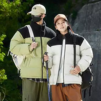 Couple Cotton-padded Clothes Splicing Autumn and Winter New Cotton-padded Clothes Men s Windproof and Warm Thickened Men s Trendy Cotton Clothes S чёрный