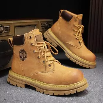 Couple leather rhubarb boots can t be kicked badly, velvet tooling boots, thick-soled heightening men s Martin boots, versatile boots for women 35