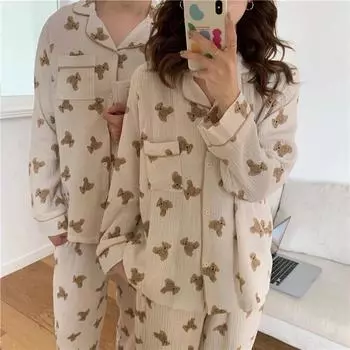 Couple Lovers Cotton Autumn Pajamas Set Women Casual Cotton Two Piece Set Home Suit Sleepwear Pockets Vintage One Size