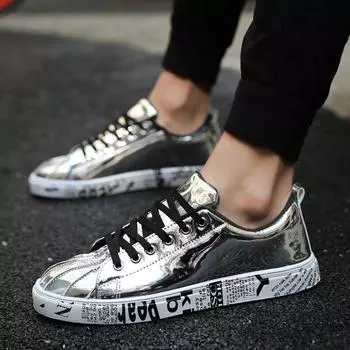 Couple Men Casual Shoes Silver Shell Toe Designer Sneakers Low-ankle Lace-up Glitter Luxury Flat Shoes Mens Vulcanized Sneakers 36