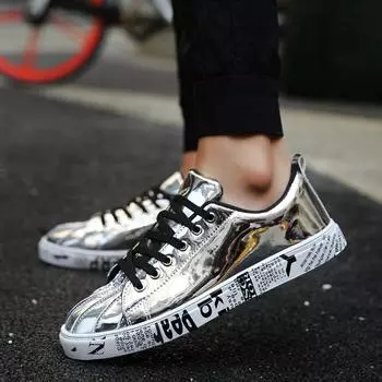 Couple Men Casual Shoes Silver Shell Toe Designer Sneakers Low-ankle Lace-up Glitter Luxury Flat Shoes Mens Vulcanized Sneakers 36
