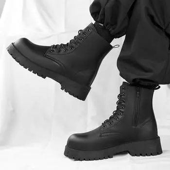 Couple s casual boots four season men s and women s high top leather boots fashion thick soled non slip plus size outdoor boots 40