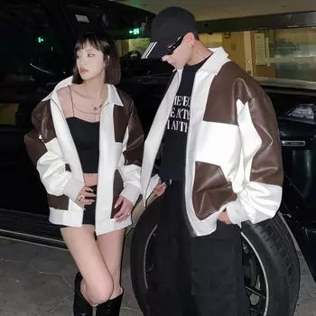 Одежда для пары осень-зима в гонконгском стиле, кожаная куртка в стиле ретро с цветовыми блоками, мужская свободная короткая куртка для мотоциклистов, женская куртка S