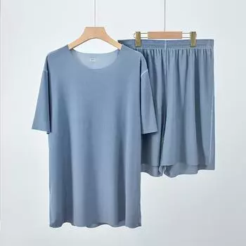 Couple s Ice Silk Pajamas Set: Men s Thin Sleep Pants & Women s Ribbed Short Sleeve Top for Spring/Summer. L