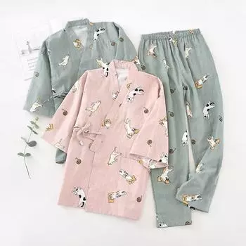 Couple s Style Japanese-style Kimono Pajamas Set Female Spring and Autumn Gauze Home Clothes Cute Sweet Two-p M зелёный