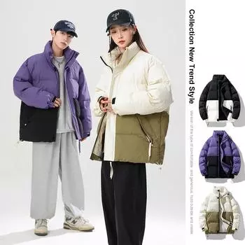 Модное хлопковое пальто для пары Зимнее Новое Бренд Гонконгской моды Свободное Утепленное Хлопковое пальто Теплое Повседневное Мужское Хлопковое пальто M