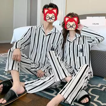 Couple Student Pajamas Ladies Artificial Ice Silk Thin Lapel Long-sleeved Long Pants Spring and Autumn Summer Homewear Cartoon M чёрный