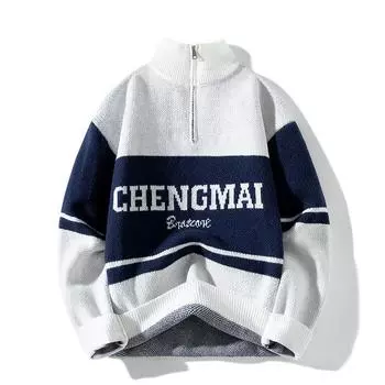 Couple Turtleneck Knitted Sweater Autumn and Winter Retro Sweater Men s Contrasting Sports Jacket M тёмно-синий