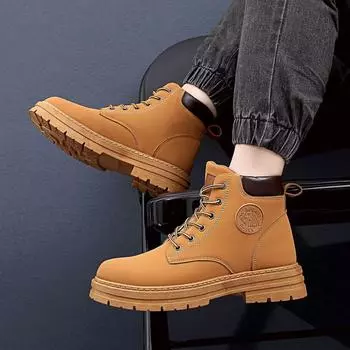 Couple yellow Martin boots autumn British style retro medium help tooling boots high top outdoor shoes platform 36