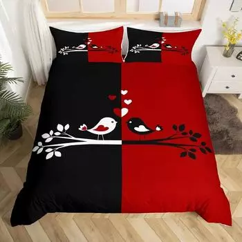 Couples Birds Duvet Cover Queen Valentine S Day Bedding Set Branches Animal Quilt Cover Red Black Lovers Day Comforter Cover EU Single 135x200cm