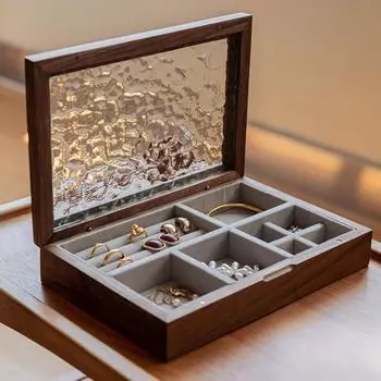 Court Style Jewelry Organizer Patterned Glass Jewelry Displasy Holder Jewelry Storage Box Gift Walnut&Pattern A