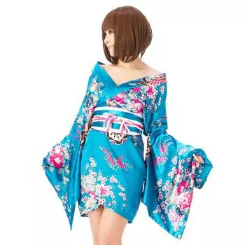 Courtesan Kimono Dress One Piece with Obi Yukata Polyester Satin Size M Yukata Exposed Shoulder OK Blue Light Blue KC44 Julius Women s синий