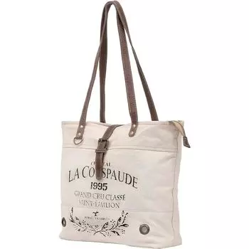 Couspaude Сумка из переработанного холста Большая сумка из переработанного холста и воловьей кожи Сияющая сумка из переработанного холста и воловьей кожи(белый с оттенком) 17 x 13 x 5 in коричневый/белый