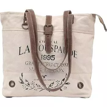 Couspaude Сумка из переработанного холста Большая сумка из переработанного холста и воловьей кожи Сияющая сумка из переработанного холста и воловьей кожи(белый с оттенком) 17 x 13 x 5 in коричневый/белый