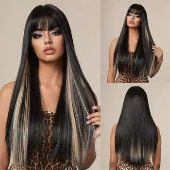 Cover Bangs Gradient Gray Long Silk Wigs High Temperature Chemical Fiber Wig Head Straight Hair 70cm