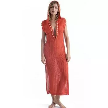 Cover-Ups 2024 Сексуальное Глубокое V-образное Вырезное Толстовка Трикотажное Летнее Пляжное Платье Длинная Туника Вязание Крючком Купальный Костюм Чехол One Size красный