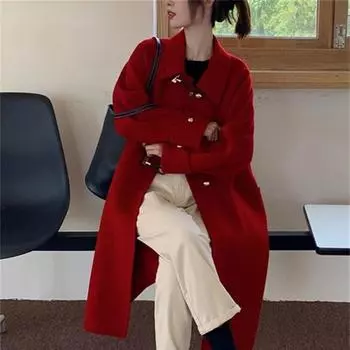 Covotee красное шерстяное пальто женское осень зима 2023 винтажное новое длинное пальто с отложным воротником повседневная куртка с длинными рукавами и роговыми пуговицами S красный