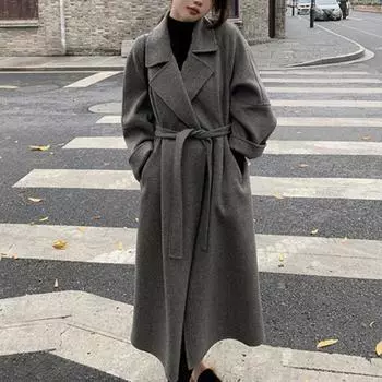 Covotee, шерстяное пальто на шнуровке, женское осенне-зимнее 2024, новое модное длинное пальто с отложным воротником, винтажные повседневные куртки с длинными рукавами S серый