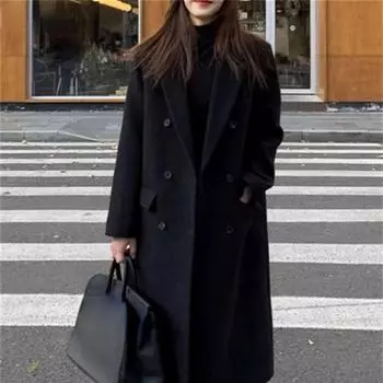 Covotee шерстяное пальто женское осень зима 2023 новая корейская куртка с отложным воротником свободные двубортные утепленные пальто с длинными рукавами S чёрный