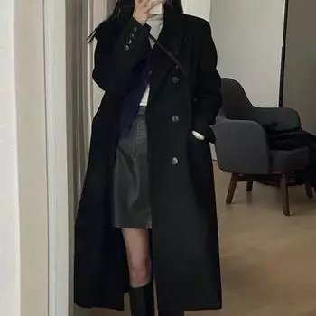 Covotee, утепленное шерстяное пальто, женское осенне-зимнее пальто 2023, новые куртки с отложным воротником и длинными рукавами, повседневное однобортное длинное пальто S чёрный