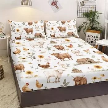 Cow Chicken Farm Pattern Bedding Set Of Three Pieces With Two Pillowcases, Suitable For Bedroom Beds (Traditional, Holiday Gift) 99cmx199cm
