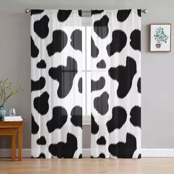 Cow Fur Pattern Black White Curtain For Living Room Transparent Tulle Curtains Window Sheer For The Bedroom Accessories Decor W135 x H114cm
