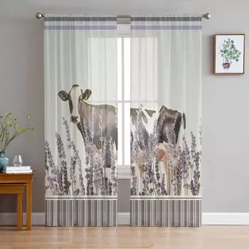Корова Лаванда Ферма Вертикальные Полосы Серый Фиолетовый Оконные Тюль Шторы для Гостиной Отель Роскошные Украшения Прозрачные Шторы 135W x 114H(cm)