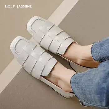 Женские повседневные туфли-лоферы из коровьей кожи с квадратным носком на плоской подошве, женская обувь на низком каблуке, весенне-осенние мюли, простая женская обувь 2024 года, женская обувь 34 чёрный