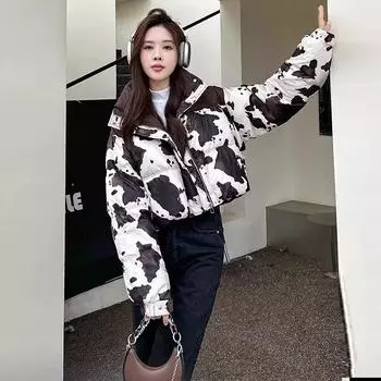 Cow Pattern Short Down Jacket Women s 2025 Winter New Loose Small Stand-up Collar Bread Jacket One Size