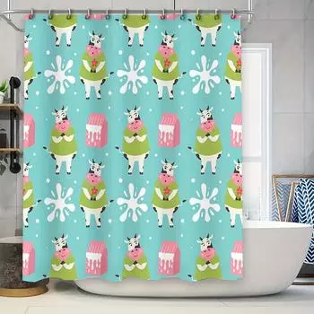 Cow Pattern Shower Curtain with 12 Hooks for Bathroom Decoration Green Cow Printed Polyester Fabric Waterproof Bath Decorations 90x180cm