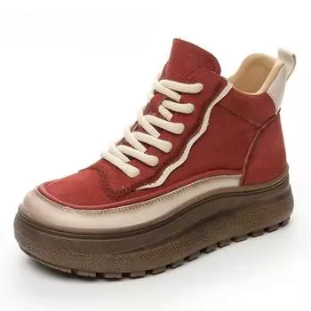 Ботильоны из натуральной коровьей замши, женские осенние ботинки на плоской подошве, зимние туфли на танкетке с толстой плюшевой подошвой для мотоциклистов 35 красный