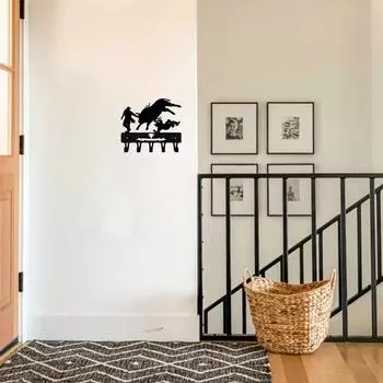 Ковбой наездник на быке родео клоуны ключница вешалка 9 дюймов шириной металлическая настенная живопись для кухни ванной комнаты гостиной - художественный домашний декор чёрный