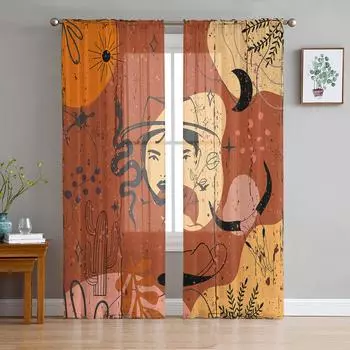 Ковбой Кактус Гитара Богемия Ретро Прозрачные Шторы Гостиная Окно Тюль Шторы Спальня Вуаль Шторы Декор Роскошные Шторы W135 x H114cm