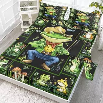 Cowboy Frog 4-Piece Set, A Green Jungle World To Protect Your Eyes, Including 1 Bed Sheet, 1 Duvet Cover, 2 Pillowcases (Quirky) 99cmx199cm