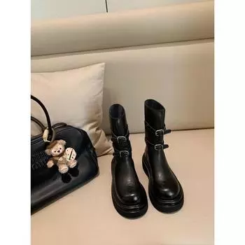 Cowhide~ Belt Buckle Knight Boots Women s Leather Round Head Thick-soled Versatile Boots Medium Martin Boots 35