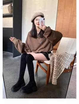 Cowhide~ Boots Women s Thick-soled Small Skinny Knight Boots Elastic Suede Over Knee Boots 34