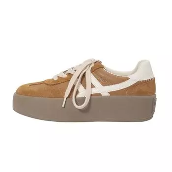 Cowhide color matching platform spring new round head lace-up casual board shoes retro ah Gan shoes 34