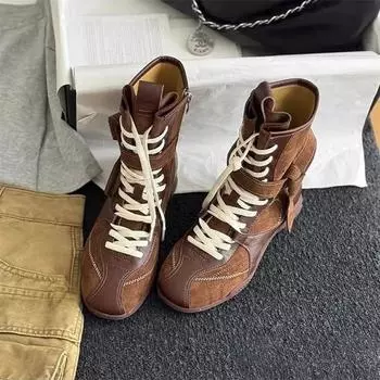 [Cowhide Edition] Martin Boots Women s New Niche Western Boots Frosted Leather Round Head Medium Boots Boxing Boots 40