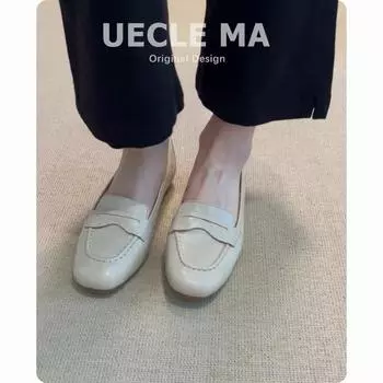 Cowhide~ Genuine leather handmade shoes, flat-soled single shoes, women s versatile square head small leather shoes, commuting shallow mouth 35