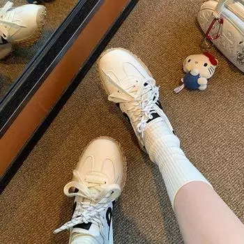 Cowhide grape mother 6cm inner height increase shoes versatile contrasting color lace-up platform casual sports training shoes women s board shoes 34