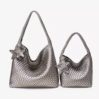 Cowhide Hand-Woven Tote Bag 2025 New Fashion Large Capacity Portable Shoulder Bag Western Style Hot Sale Underarm Bag Silver small size
