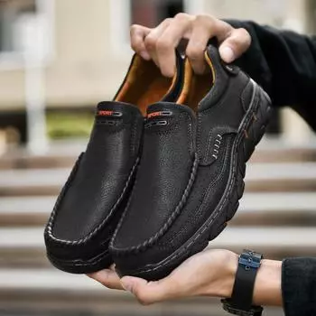 Cowhide handmade shoes British men s shoes low-top tire sole big head casual leather shoes solid color simple middle-aged single shoes 38 чёрный