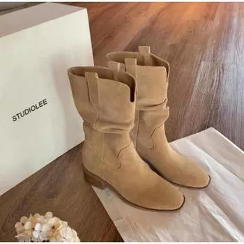 Cowhide height increase 8cm round head V mouth thick heel thin pile short boots female western cowboy boots 34