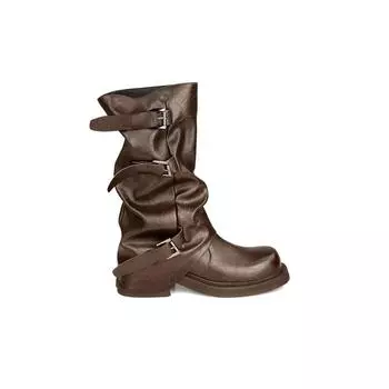 Cowhide~ Height increased 6cm belt buckle pleated medium and high boots leather knight boots women s pants tube boots 35