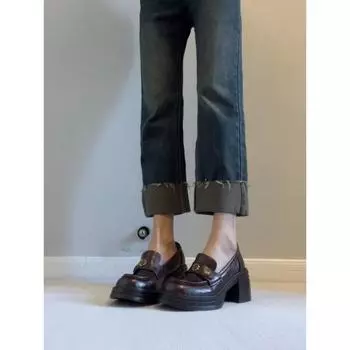 Cowhide~ High-heeled genuine leather women s retro camellia round head thick sole one pedal lazy British small leather shoes 34