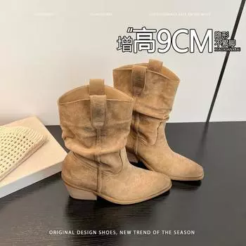 Cowhide~ Inner height increase 9cm pointed pile boots short boots women s high heel retro western cowboy knight boots Martin boots 34