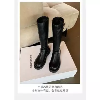 Cowhide~ Leather Boots Women s Small Brown Boots Autumn and Winter Boots Skinny Tall Boots Thick-soled Knight Boots 35