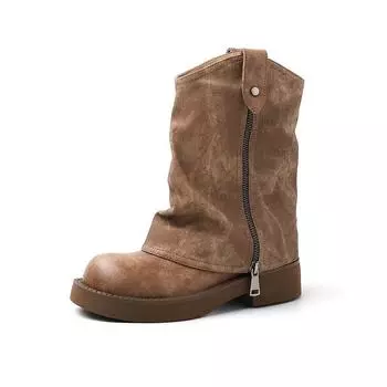 Cowhide~ Leather Inner Height Increasing Merard Short Boots Women s Single Boots Thick-soled Pant Tube Boots Pile Western Boots Martin Boots 35