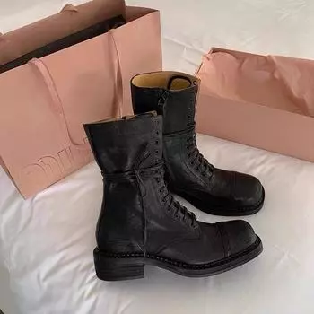 Cowhide Leather Martin Boots Women s Autumn and Winter Maillard Western Boots Coarse Heel Medium Tube Retro Short Boots 35